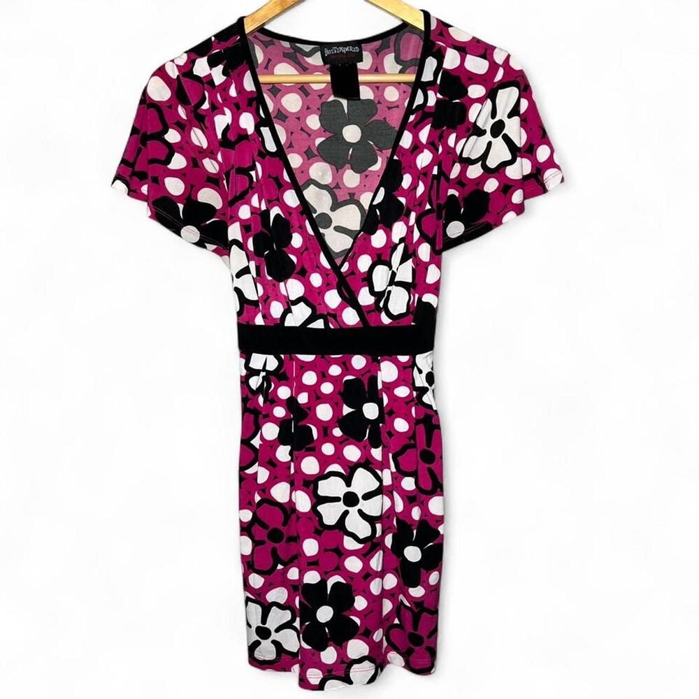 Y2K Style Low V Neck Pink Black Floral Top Sz Large Goth Grunge Whimy Fairy Sexy